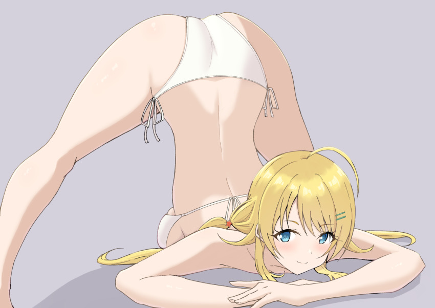 1girl, ahoge, ass, back, barefoot, bikini, blonde_hair, blue_eyes, breasts, closed_mouth, commentary, grey_background, hachimiya_meguru, hair_ornament, hairclip, halterneck, idolmaster, idolmaster_shiny_colors, jack-o'_challenge, large_breasts, long_hair, looking_at_viewer, low_twintails, meme, nitou_inko, shadow, side-tie_bikini_bottom, simple_background, smile, solo, spread_legs, star_(symbol), star_hair_ornament, swimsuit, top-down_bottom-up, twintails, white_bikini