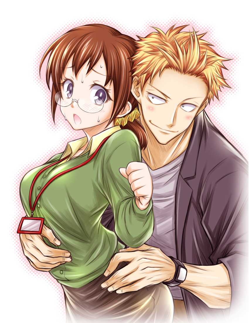 1boy, 1girl, absurdres, akatukiakira-pix, ase_to_sekken, blonde_hair, blue_eyes, blush, brown_hair, closed_mouth, collared_shirt, glasses, green_shirt, hand_on_another's_stomach, hand_on_another's_waist, highres, lanyard, natori_koutarou, open_mouth, scrunchie, shirt, simple_background, skirt, smile, smle, sweatdrop, watch, wristwatch, yaeshima_asako