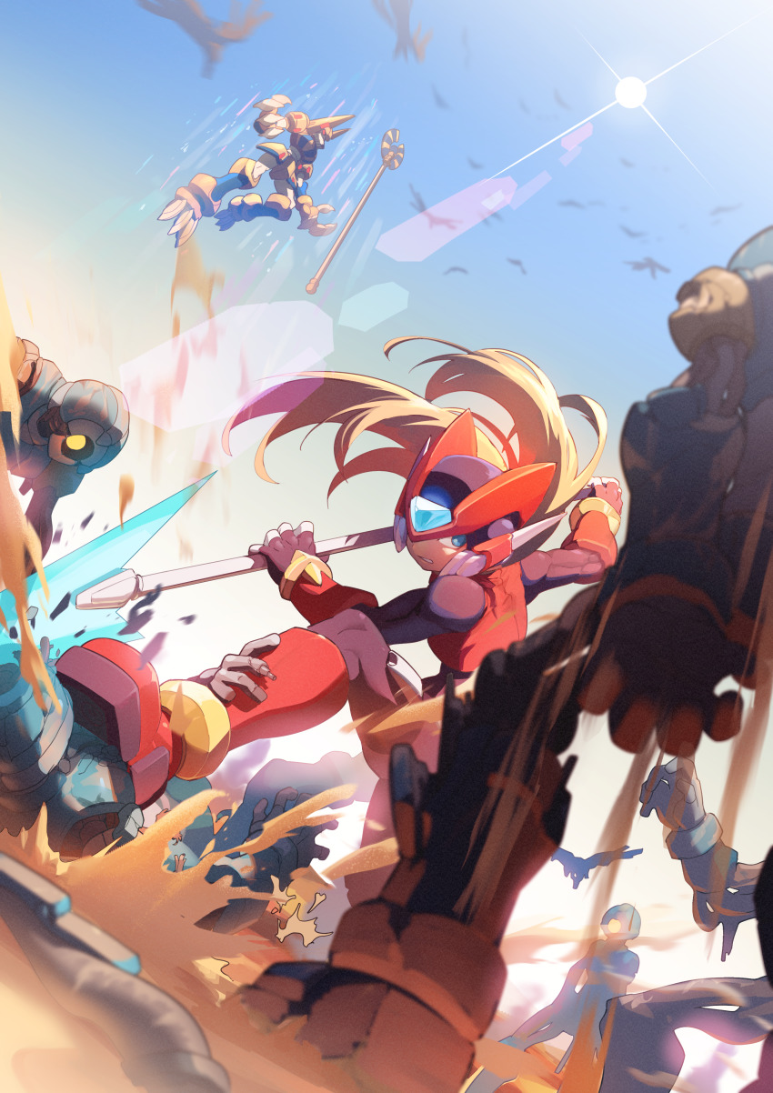 2boys, absurdres, android, anubis_necromancess_(mega_man), blonde_hair, blue_eyes, commentary, day, english_commentary, fighting, full_body, highres, holding, holding_polearm, holding_weapon, leg_grab, lens_flare, long_hair, male_focus, mega_man_(series), mega_man_zero_(series), mega_man_zero_1, multiple_boys, outdoors, pantheon_(mega_man), polearm, red_vest, sand, staff, tanziya_(codlxcold), vest, weapon, zero(z)_(mega_man), zero_(mega_man), zombie
