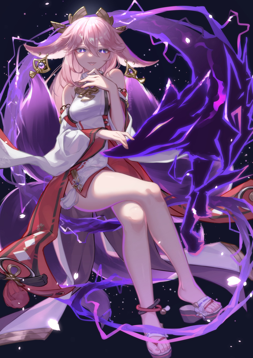 1girl, animal_ears, bare_shoulders, black_background, breasts, crossed_legs, fox, fox_ears