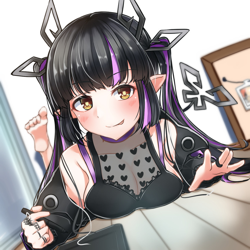 1girl, barefoot, black_hair, black_jacket, black_shirt, blouse, blunt_bangs, blush