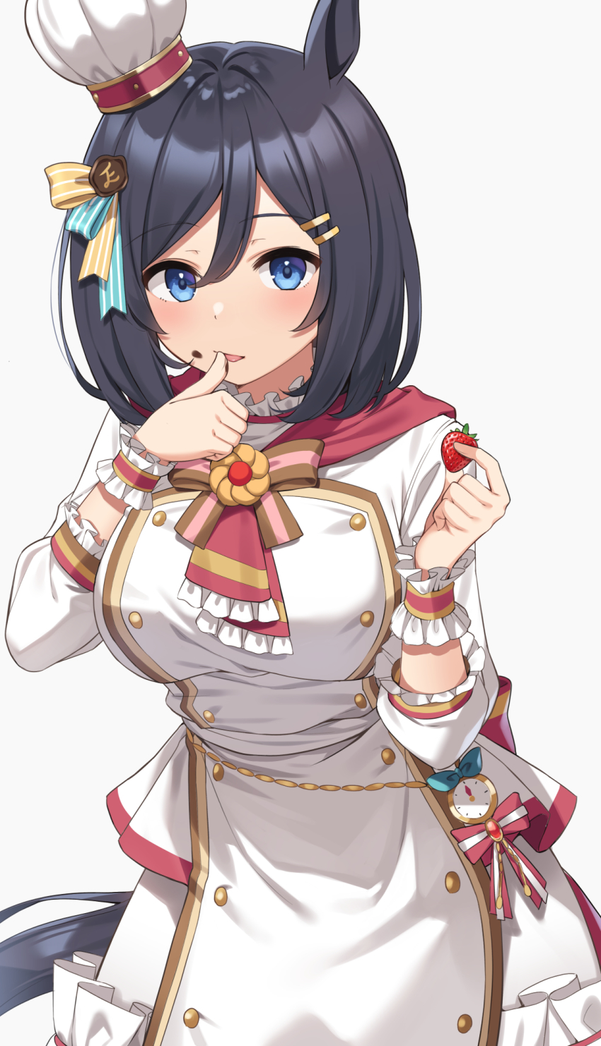 1girl, animal_ears, black_hair, blue_eyes, blush, bob_cut, breasts, eishin_flash_(precise_chocolatier)_(umamusume)