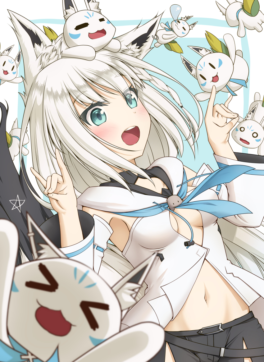 >_<, 1girl, =_=, animal_ear_fluff, animal_ears, black_shorts, blue_neckerchief, blush