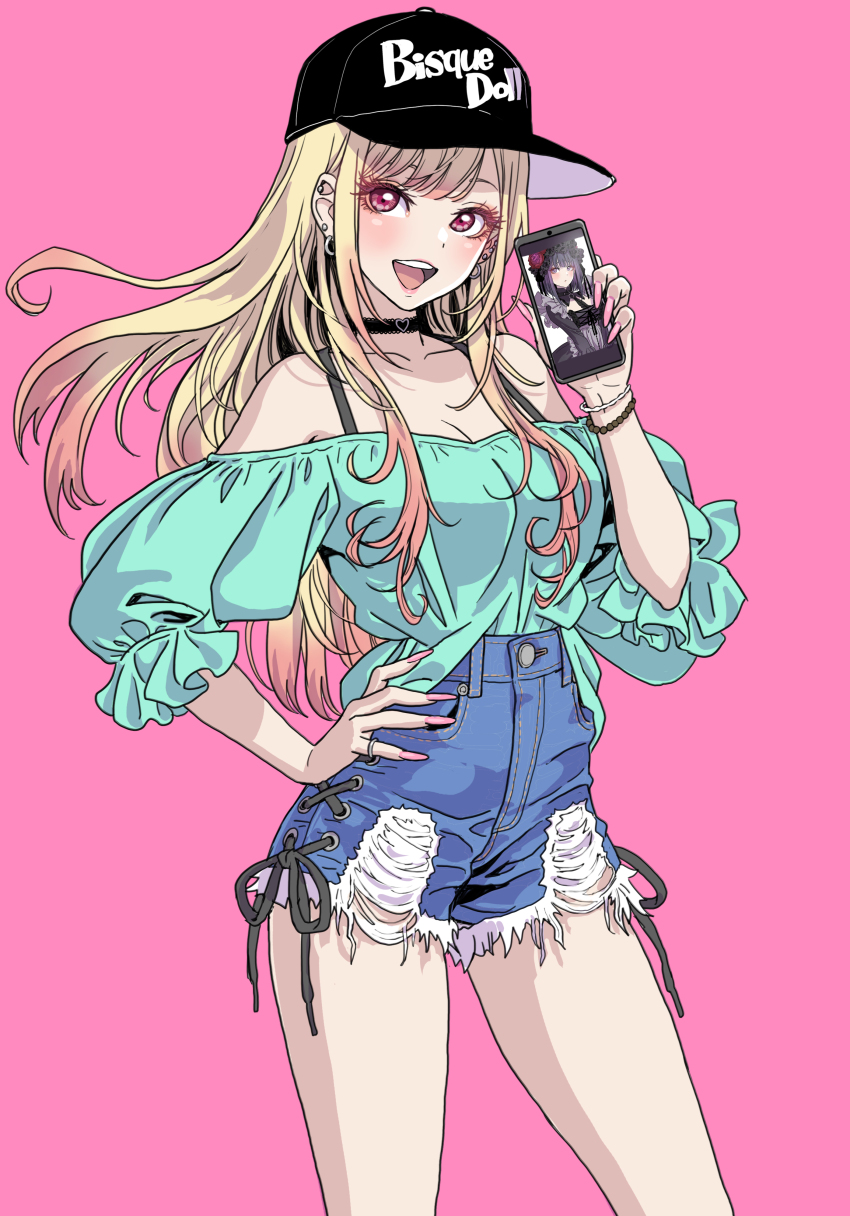 absurdres, amekaji_gyaru, aqua_shirt, barbell_piercing, bare_shoulders, baseball_cap, bead_bracelet, beads, black_choker, black_collar, black_dress, blonde_hair, blush, bracelet, breasts, cellphone, choker, collar, colored_tips, denim, denim_shorts, dress, ear_piercing, earrings, fake_nails, flower, frilled_dress, frilled_sleeves, frills, goth_fashion, gothic_lolita, gradient_hair, gyaru, hairband, hand_on_own_hip, hat, highres, holding, holding_phone, industrial_piercing, jewelry, kitagawa_marin, kuroe_shizuku, lace, lace_choker, lolita_fashion, lolita_hairband, long_hair, medium_breasts, multicolored_hair, nail_polish, off_shoulder, open_mouth, phone, piercing, pink_background, pink_nails, puffy_sleeves, purple_eyes, purple_hair, red_eyes, red_hair, rose, shirt, shorts, smartphone, smile, sono_bisque_doll_wa_koi_wo_suru, swept_bangs, torn_clothes, torn_shorts, yamashita_shun'ya