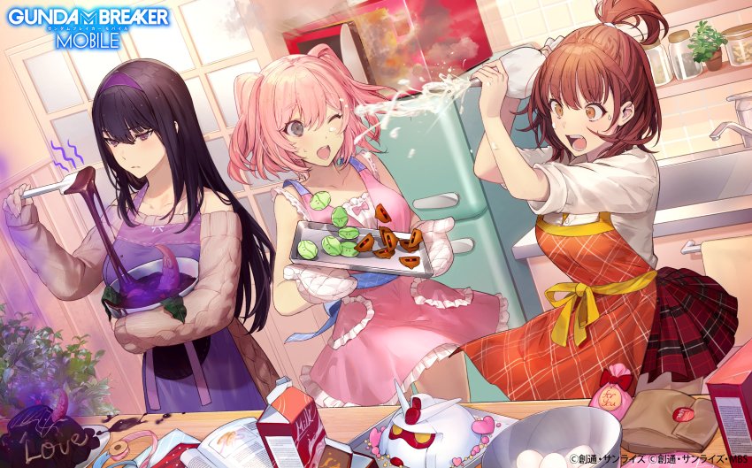 3girls, absurdres, apron, bad_food, baking_sheet, black_hair, bowl, brown_eyes