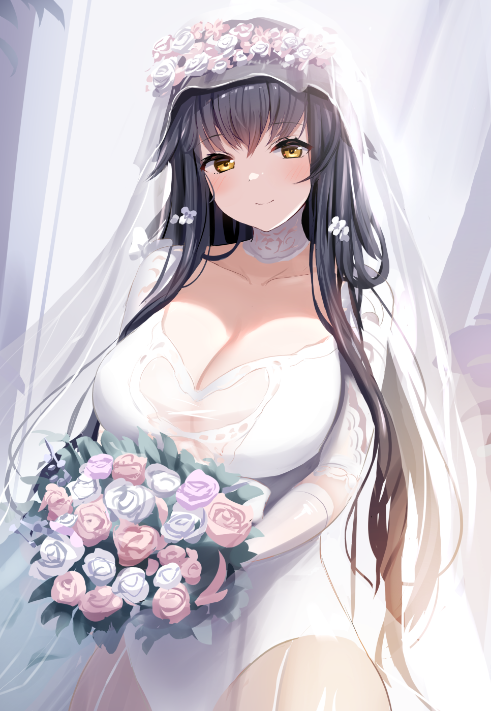 1girl, azuma_(azur_lane), azuma_(lily-white_longing)_(azur_lane), azur_lane, black_hair, blush, bouquet, breasts