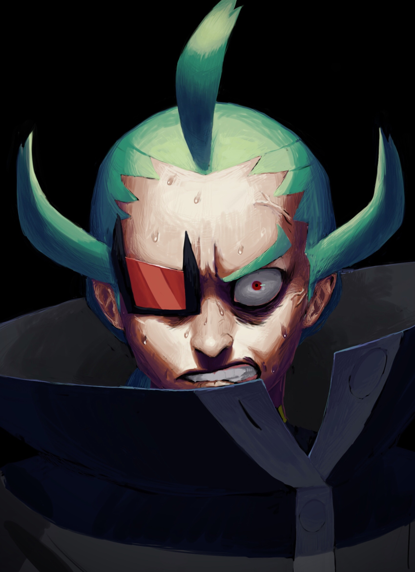 1boy, black_background, black_coat, buttons, clenched_teeth, coat, commentary_request, eyepiece, fuji_(dmzu4833), ghetsis_(pokemon), green_hair, high_collar, highres, looking_at_viewer, male_focus, nintendo, pokemon, pokemon_black_2_and_white_2, red_eyes, short_hair, simple_background, solo, sweat, teeth, upper_body, veins