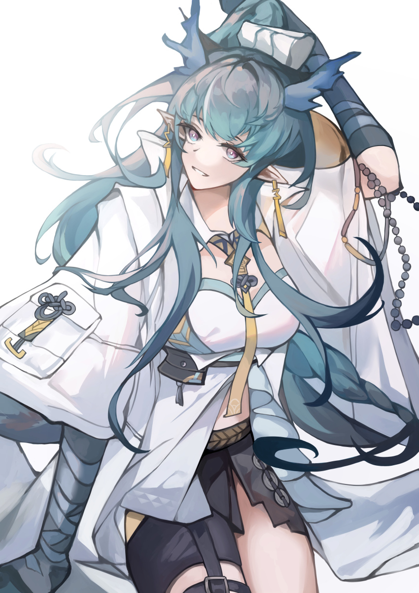 1girl, absurdres, arknights, arm_at_side, asa_achen, mismatched_earrings, asymmetrical_legwear, beads