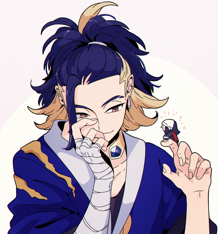 1boy, 1girl, adaman_(pokemon), akari_(pokemon), arm_wrap, blonde_hair, blue_coat, blue_hair