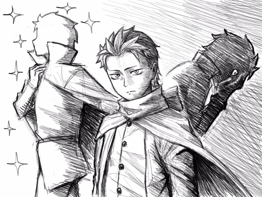 barusuthegoat, black_hair, buttons, cape, dual_persona, hands_on_own_face, highres, natsuki_subaru