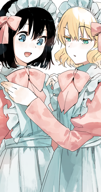 2girls, :d, :o, adjusting_another's_clothes, apron, black_hair, blonde_hair, blue_eyes