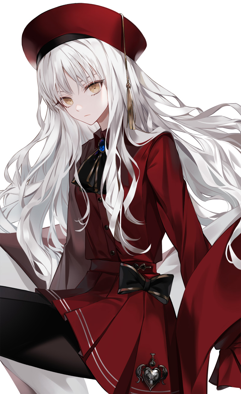 1girl, beret, breasts, brooch, caren_hortensia, caren_hortensia_(amor_caren)_(second_ascension), dress, fate/grand_order, fate_(series), feet_out_of_frame, hat, highres, jewelry, long_hair, long_sleeves, looking_at_viewer, medium_breasts, neck_ribbon, pantyhose, red_dress, red_hat, ribbon, simple_background, sitting, solo, to0folder80, wavy_hair, white_background, white_hair, yellow_eyes