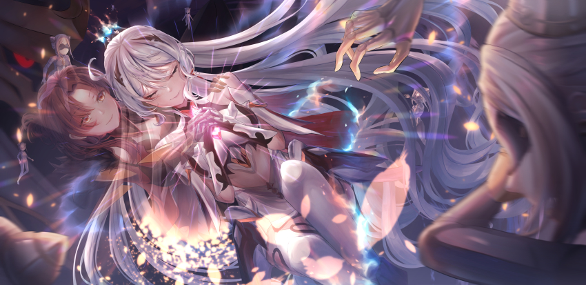 2girls, absurdres, apparition, bare_shoulders, boots, breasts, cleavage, closed_eyes, closed_mouth, doll, earrings, ernacia_letir, gauntlets, glowing, herrscher_of_dominance, highres, honkai_(series), honkai_impact_3rd, jewelry, kiana_kaslana, kiana_kaslana_(herrscher_of_flamescion), multiple_girls, murata_himeko, murata_himeko_(vermillion_knight), own_hands_together, ponytail, praying, red_eyes, thigh_boots, thighhighs, white_footwear, white_hair, yellow_eyes