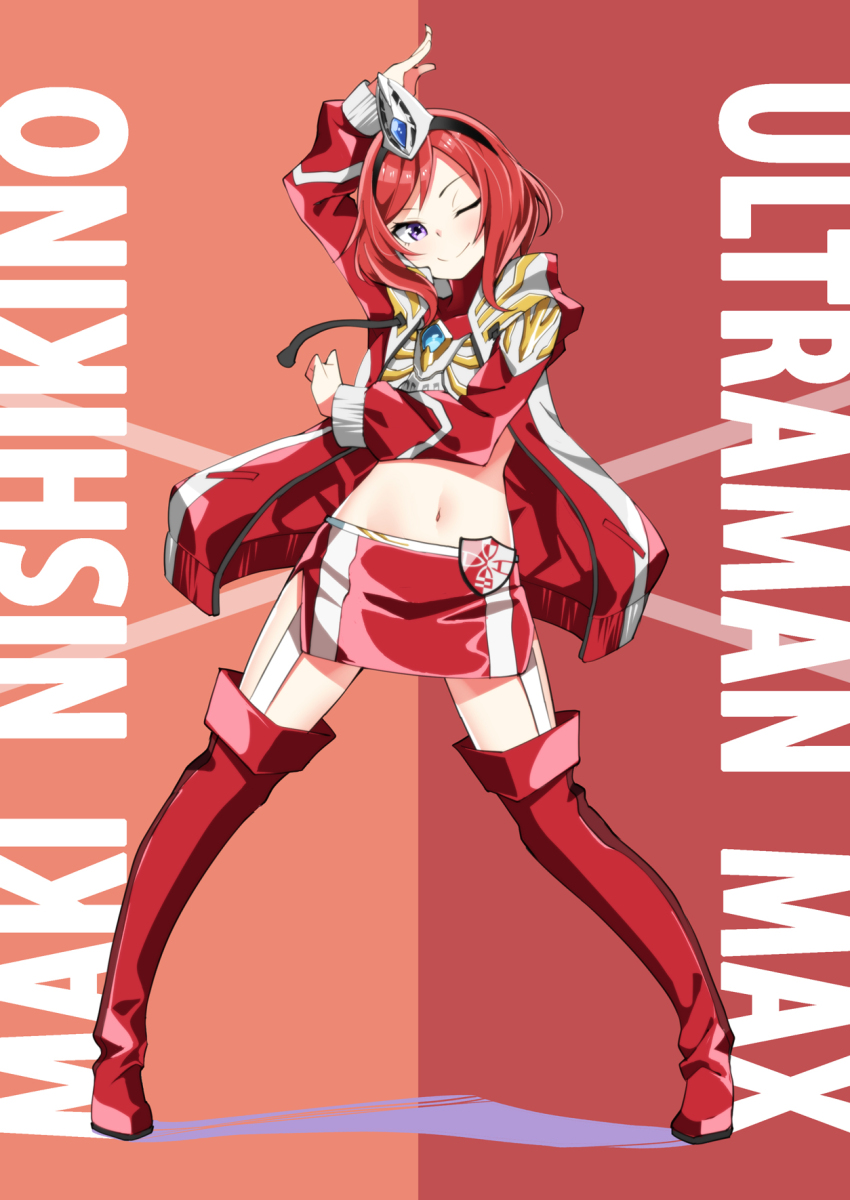 1girl, boots, character_name, closed_mouth, color_timer, cosplay, highres, jacket, long_sleeves, looking_at_viewer, love_live!, love_live!_school_idol_project, midriff, miniskirt, multicolored_jacket, navel, nishikino_maki, one_eye_closed, open_clothes, open_jacket, purple_eyes, red_boots, red_hair, red_jacket, red_skirt, sasanon_(sasapoliton), short_hair, side_slit, skirt, smile, solo, thigh_boots, thighhighs, two-tone_jacket, ultra_series, ultraman_max, ultraman_max_(series)