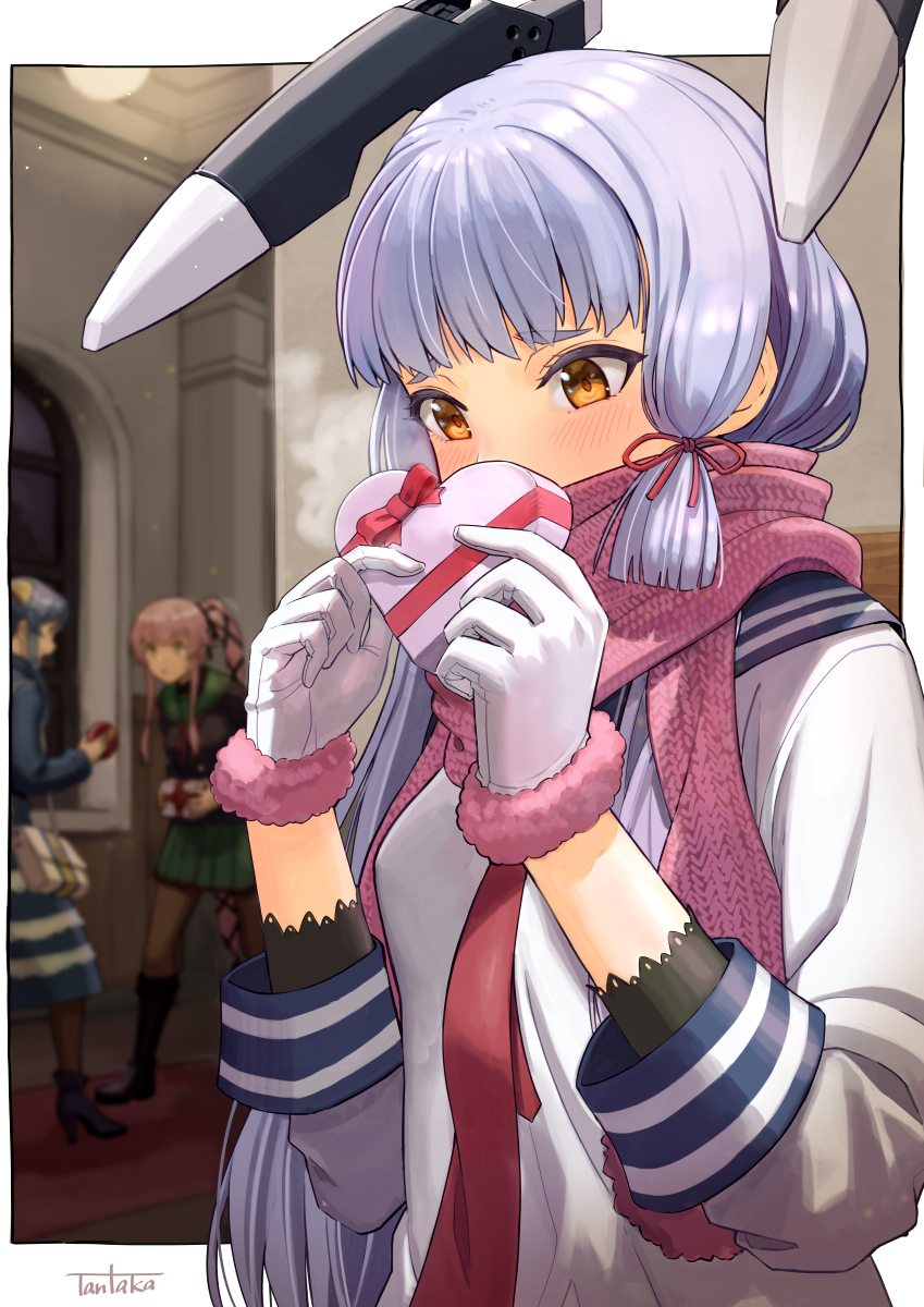 3girls, black_jacket, black_legwear, blue_dress, blurry, blurry_background, dress, gloves