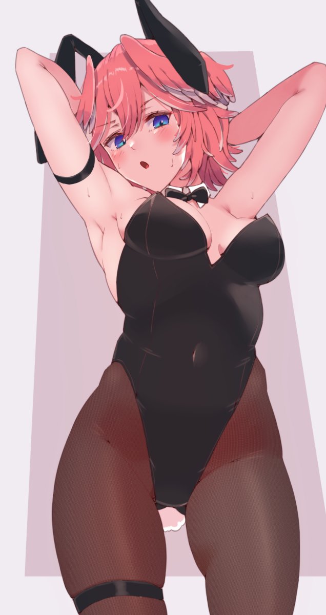 1girl, animal_ears, armpits, arms_behind_head, blue_eyes, blush, bow, bowtie