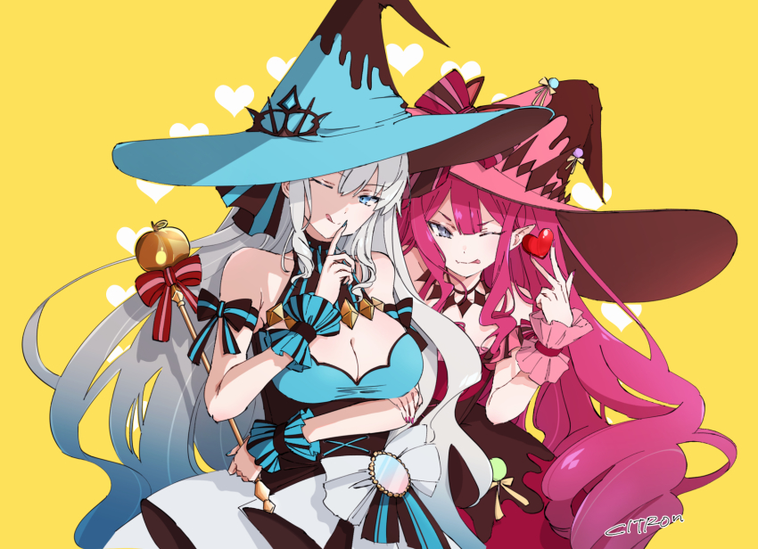 2girls, ;p, alternate_costume, arm_ribbon, arm_under_breasts, artist_name, baobhan_sith_(fate), baobhan_sith_(valentine_witches)_(fate)