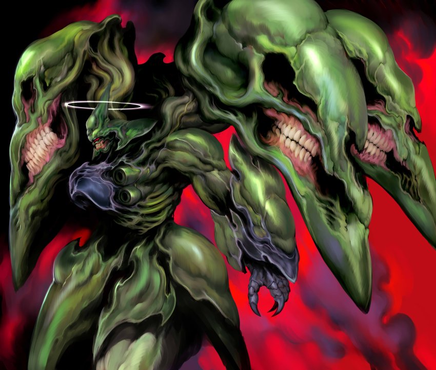 absurdres, clenched_teeth, commentary, english_commentary, extra_mouth, gundam, gundam_unicorn, halo