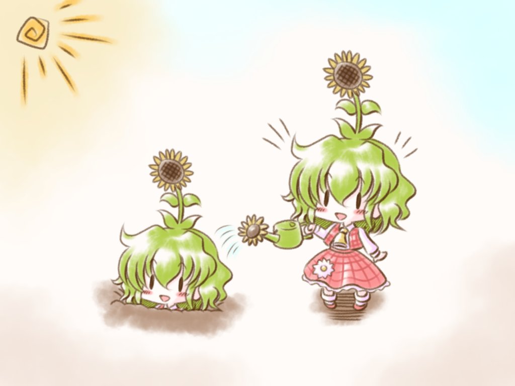 ascot, blush, buried, chibi, collared_shirt, echigo_yaya, flower, flower_on_head