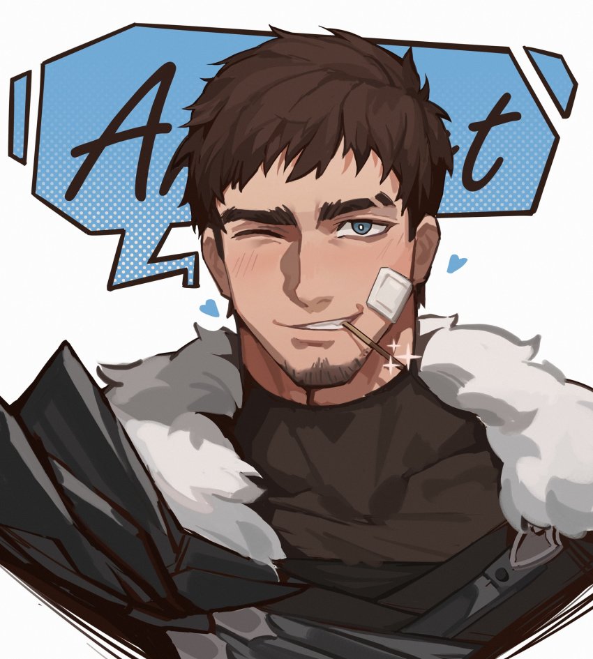 1boy, ardbert_hylfyst, armor, bandaid, bandaid_on_face, bandaid_on_nose, bara, blue_eyes
