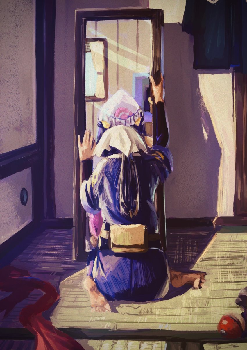 1girl, akari_(pokemon), barefoot, beanie, black_hair, commentary, curtains, dawn_(pokemon), dual_persona, hat, headscarf, hidden_face, highres, japanese_clothes, katahara_(no_108105), mirror, nintendo, poke_ball, pokemon, pokemon_diamond/pearl/platinum, pokemon_legends:_arceus, ponytail, scarf, shadow, sitting, solo, tatami, unworn_scarf, wariza, white_headscarf, window