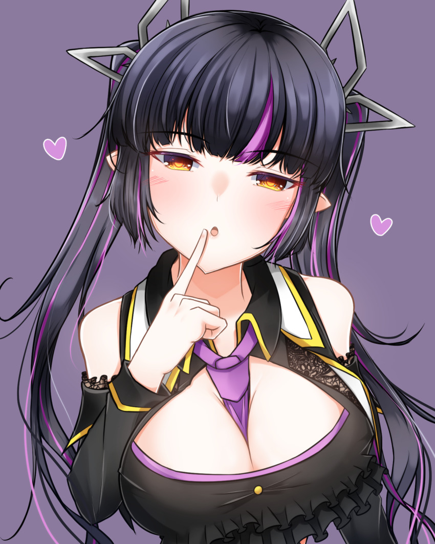 1girl, between_breasts, black_hair, black_vest, blunt_bangs, blush, breasts, cleavage, collared_vest, commentary_request, cosplay, dameyoshi, demon_girl, demon_horns, dutch_angle, finger_to_mouth, heart, highres, horns, kojo_anna, large_breasts, long_hair, looking_at_viewer, multicolored_hair, nanashi_inc., necktie, necktie_between_breasts, open_mouth, pointy_ears, purple_background, purple_hair, purple_necktie, simple_background, solo, suou_patra, suou_patra_(cosplay), twintails, two-tone_hair, vest, virtual_youtuber, yellow_eyes