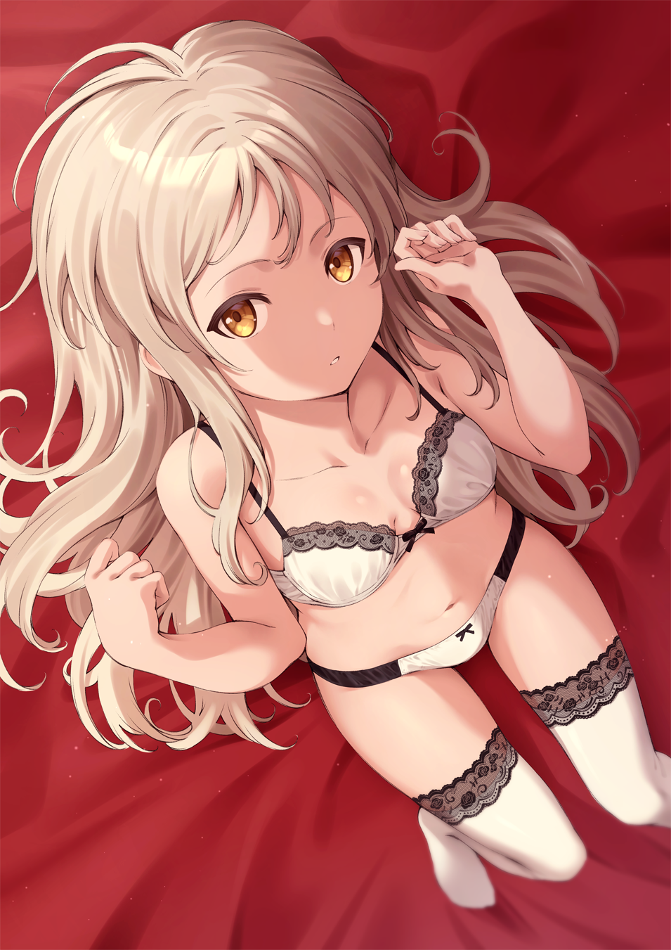 1girl, bare_shoulders, bed_sheet, black_bow, black_panties, bow, bow_bra, bow_panties, bra, breasts, clenched_hands, collarbone, comet_pun, dutch_angle, expressionless, foot_out_of_frame, highres, lace, lace-trimmed_bra, lace-trimmed_legwear, lace-trimmed_panties, lace_trim, light_brown_hair, long_hair, looking_at_viewer, lying, md5_mismatch, navel, no_shoes, on_back, on_bed, original, panties, parted_lips, resolution_mismatch, sidelocks, small_breasts, solo, source_smaller, stomach, thighhighs, two-tone_panties, underwear, underwear_only, very_long_hair, white_panties, white_thighhighs, yellow_eyes