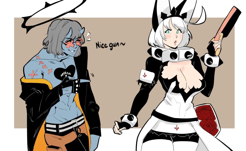 1boy, 1girl, absurdres, ahoge, animal_ears, black_jacket, blue_skin, bracelet