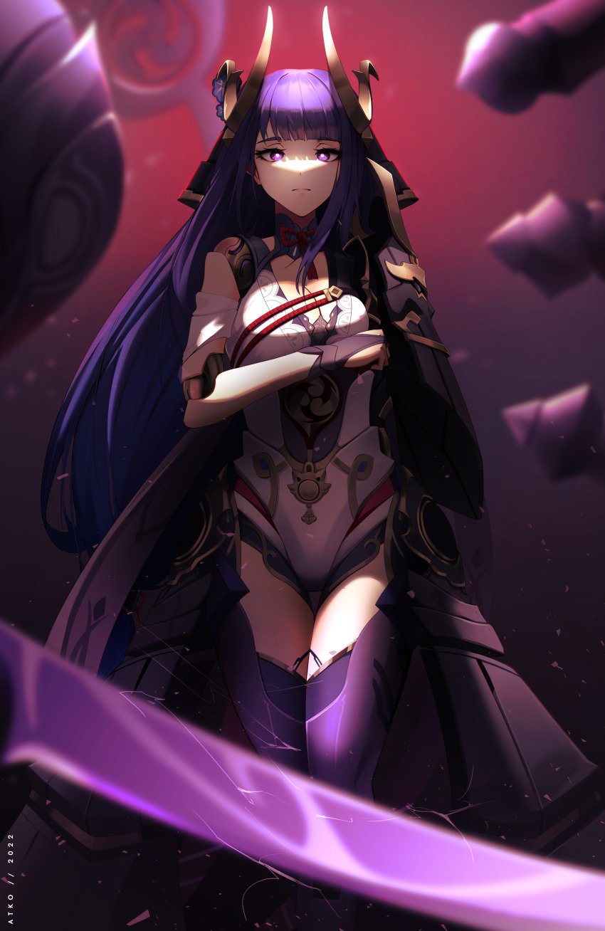 1girl, absurdres, arm_under_breasts, armor, artist_name, bodysuit, breasts, bridal_gauntlets