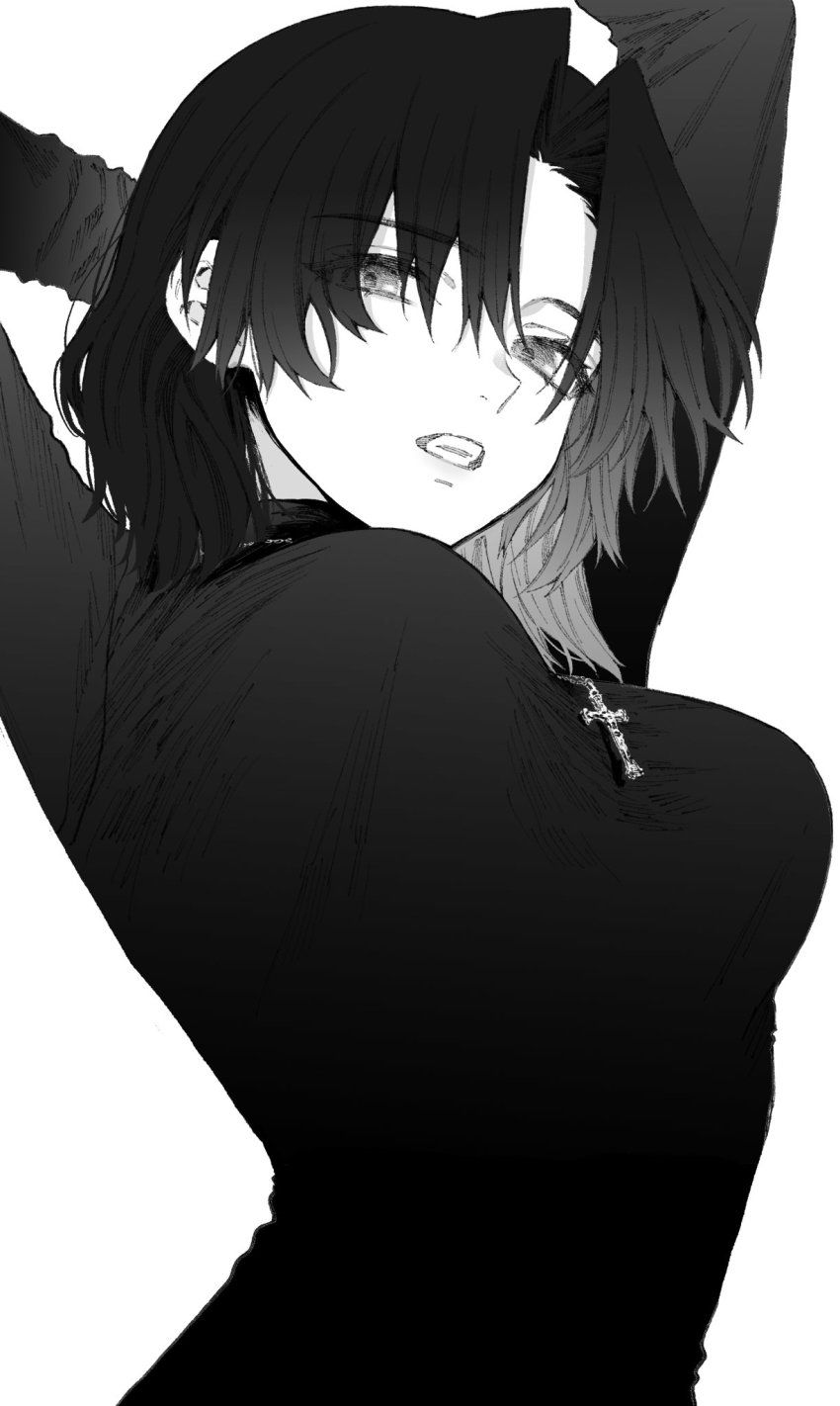 1girl, arms_up, breasts, cross, cross_necklace, from_below, greyscale, hair_between_eyes, highres, jewelry, kamiya_ai, kawaii_dake_ja_nai_shikimori-san, long_sleeves, looking_at_viewer, maki_keigo, medium_breasts, medium_hair, monochrome, necklace, parted_lips, shirt, simple_background, solo, stretching, teeth, upper_body, white_background