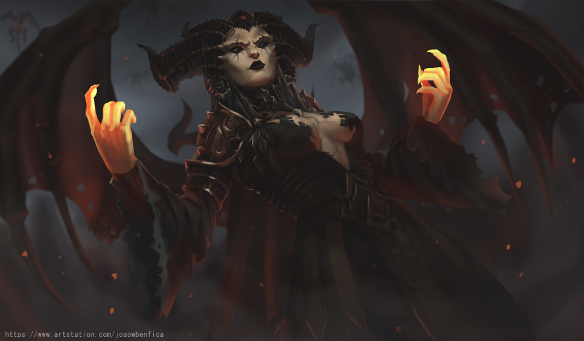 1girl, absurdres, armor, artist_name, black_dress, black_horns, black_lips, black_sclera, breasts, colored_sclera, colored_skin, dark, demon, demon_girl, demon_horns, diablo_(series), diablo_4, dress, grey_eyes, hands_up, highres, horns, joaowbenfica, lilith_(diablo_4), medium_breasts, purple_eyes, red_skin, shoulder_armor, solo_focus, watermark, web_address, wings