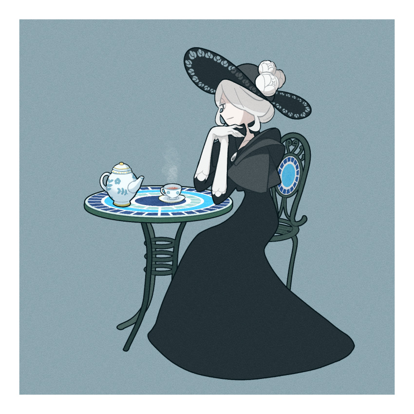 1girl, black_dress, black_eyes, black_hat, chair, closed_mouth, cogita_(pokemon), collarbone