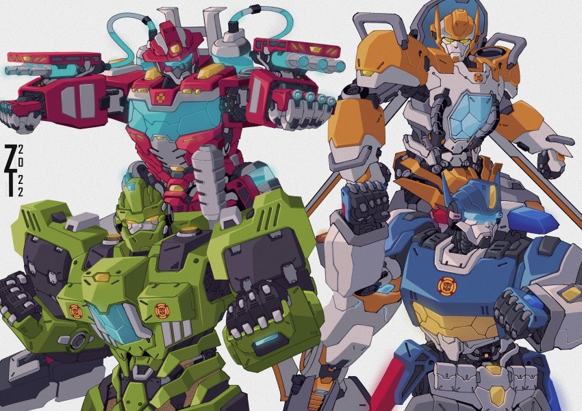 2022, 4boys, absurdres, arm_cannon, autobot, blades_(transformers), boulder_(transformers), cable