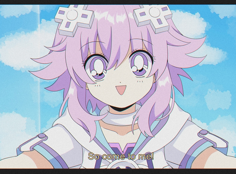 1990s_(style), 1girl, :d, caro-xy, d-pad, d-pad_hair_ornament, english_text, hair_ornament, letterboxed, looking_at_viewer, messy_hair, neptune_(neptunia), neptune_(series), open_mouth, purple_eyes, purple_hair, retro_artstyle, short_sleeves, sidelocks, smile, solo, subtitled, upper_body