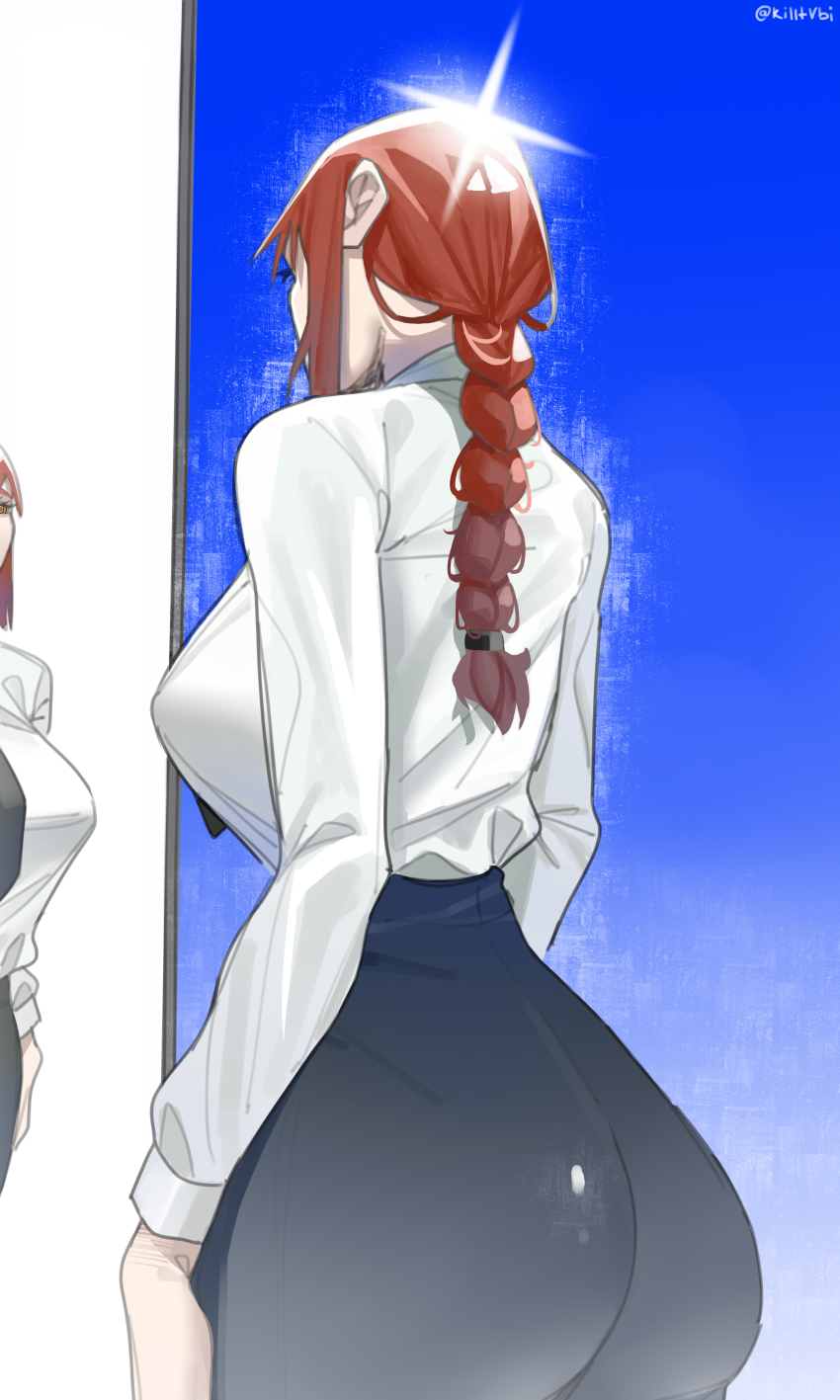 1girl, absurdres, ass, bad_id, bad_pixiv_id, black_necktie, black_pants, braid