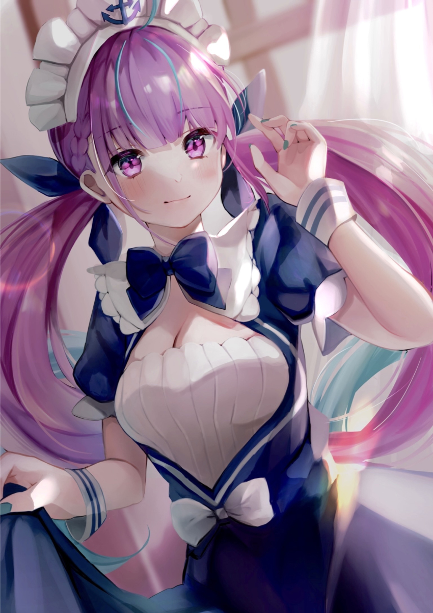 1girl, anchor_symbol, blue_bow, blue_bowtie, blue_dress, blue_hair, blue_nails, blunt_bangs