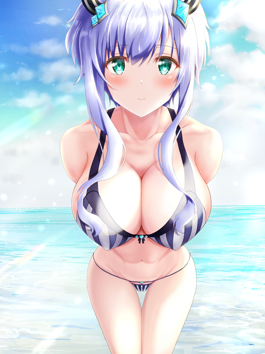 1girl, aw_works703, beach, bikini, blue_sky, breasts, covered_erect_nipples, demon_girl, green_eyes, highres, large_breasts, looking_at_viewer, maou_gakuin_no_futekigousha, misha_necron, ocean, outdoors, short_hair, sky, smile, solo, sunlight, swimsuit, white_hair
