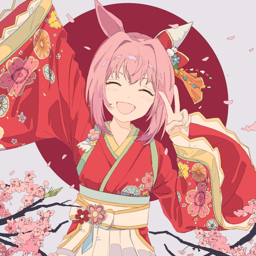 1girl, animal_ears, arm_up, blush, branch, cherry_blossoms, closed_eyes, clothing_cutout