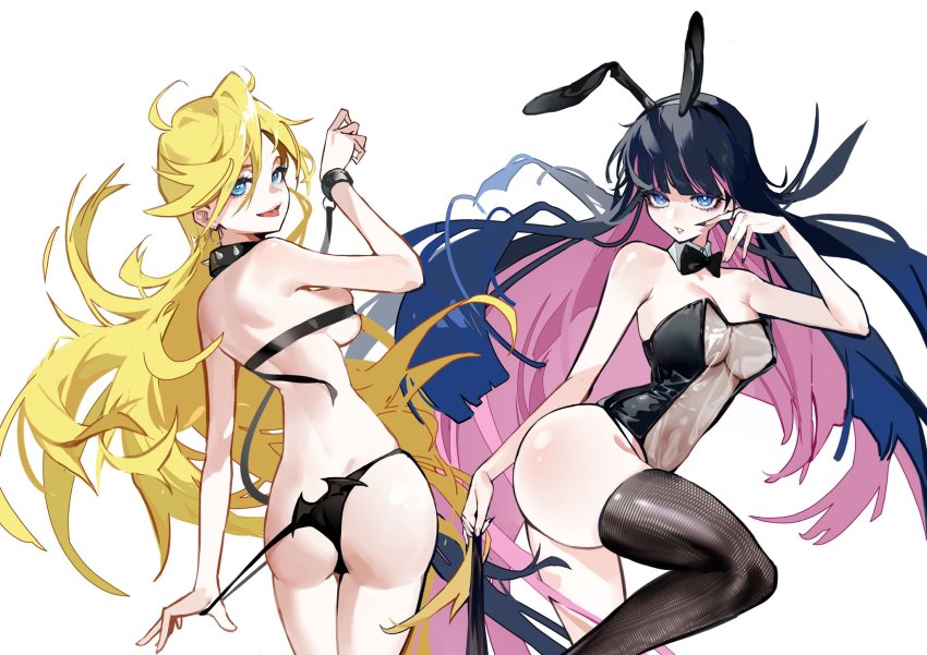 2girls, ass, back, black_bow, blonde_hair, blue_eyes, bow, breasts, collar, fingernails, highres, jiu_ye_sang, legs, long_hair, multiple_girls, panty_&amp;_stocking_with_garterbelt, panty_(psg), sharp_fingernails, siblings, simple_background, sisters, spiked_collar, spikes, stocking_(psg), tongue, tongue_out, white_background