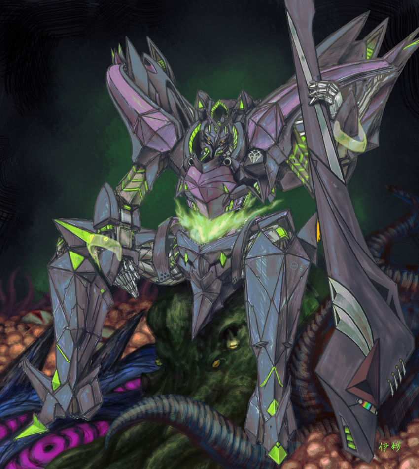 absurdres, at_(iron_saga), chinese_commentary, extra_eyes, faux_traditional_media, highres, holding, holding_weapon