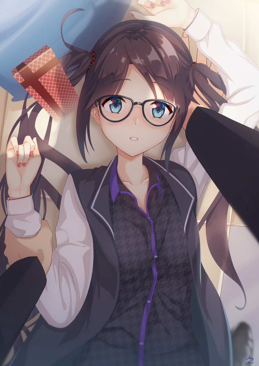 1boy, 1girl, absurdres, black_hair, blue_eyes, blush, box, box_of_chocolates
