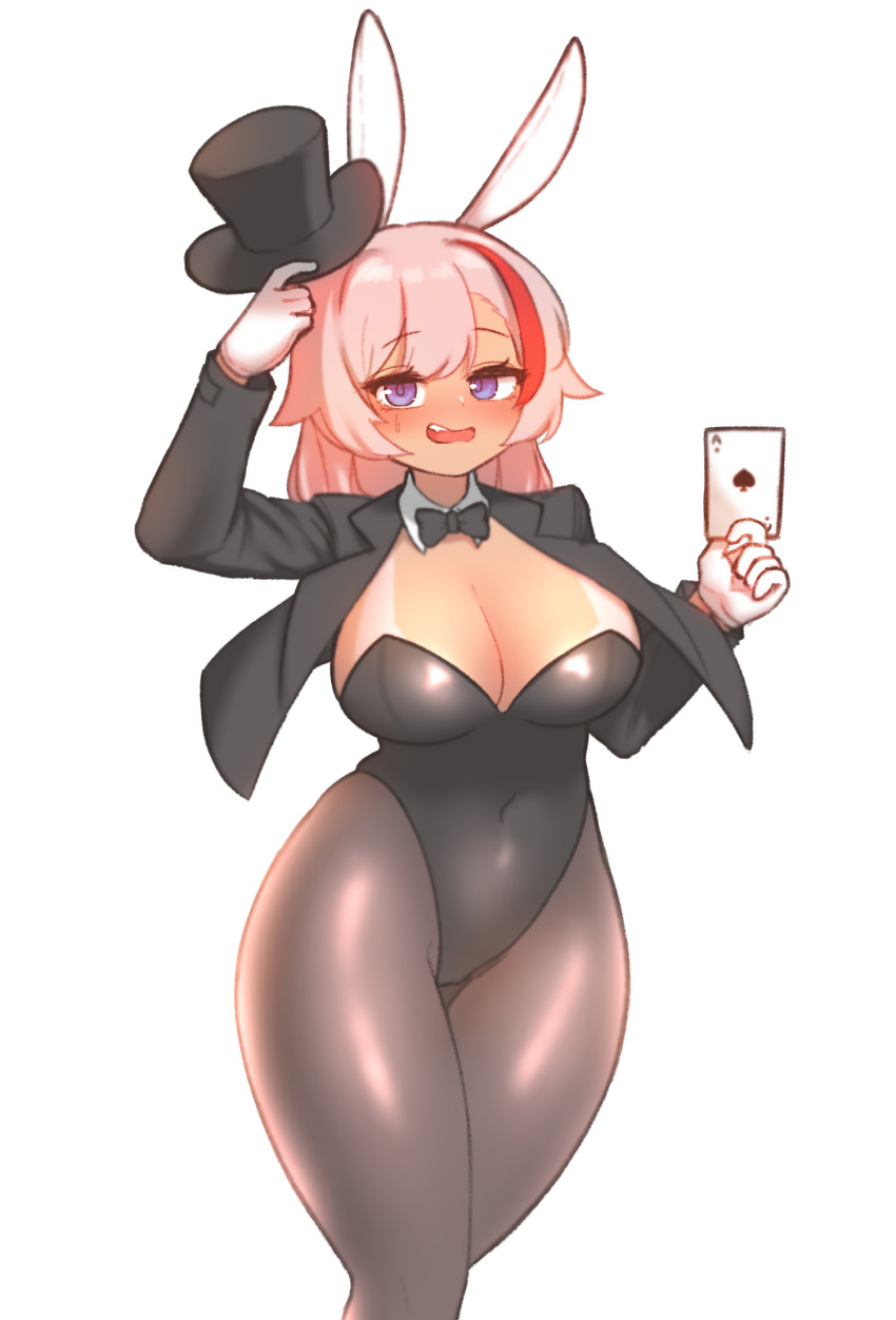 1girl, ace_(playing_card), ace_of_spades, aender, animal_costume, animal_ears, arms_up, black_jacket, black_leotard, black_pantyhose, black_ribbon, blue_eyes, blush, breasts, card, cleavage, covered_navel, dark-skinned_female, dark_skin, detached_collar, fake_animal_ears, gloves, hair_between_eyes, hat, unworn_hat, unworn_headwear, highres, jacket, kim_aendeo, lancer_mina, large_breasts, last_origin, leotard, long_hair, multicolored_hair, navel, open_clothes, open_jacket, open_mouth, pantyhose, pink_hair, playboy_bunny, playing_card, rabbit_ears, red_hair, ribbon, shiny_clothes, spade_(shape), standing, strapless, strapless_leotard, sweatdrop, tan, tanline, teeth, thick_thighs, thigh_gap, thighs, white_gloves, wide_hips