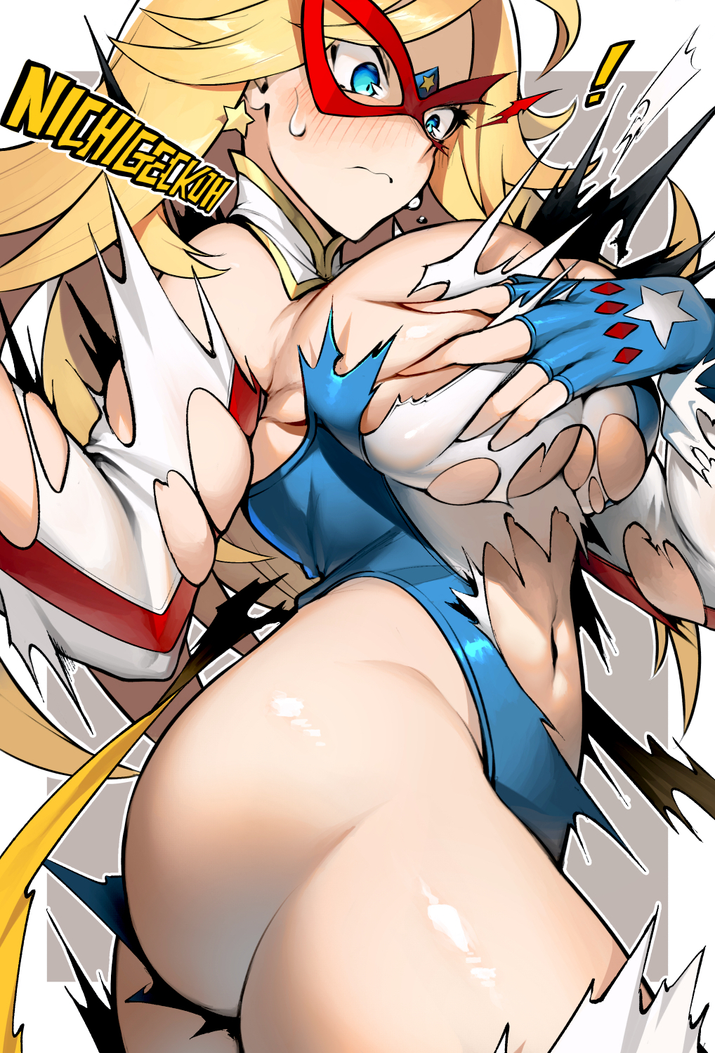 american_flag, american_flag_print, ass, bare_shoulders, blonde_hair, blue_eyes, blush, breasts