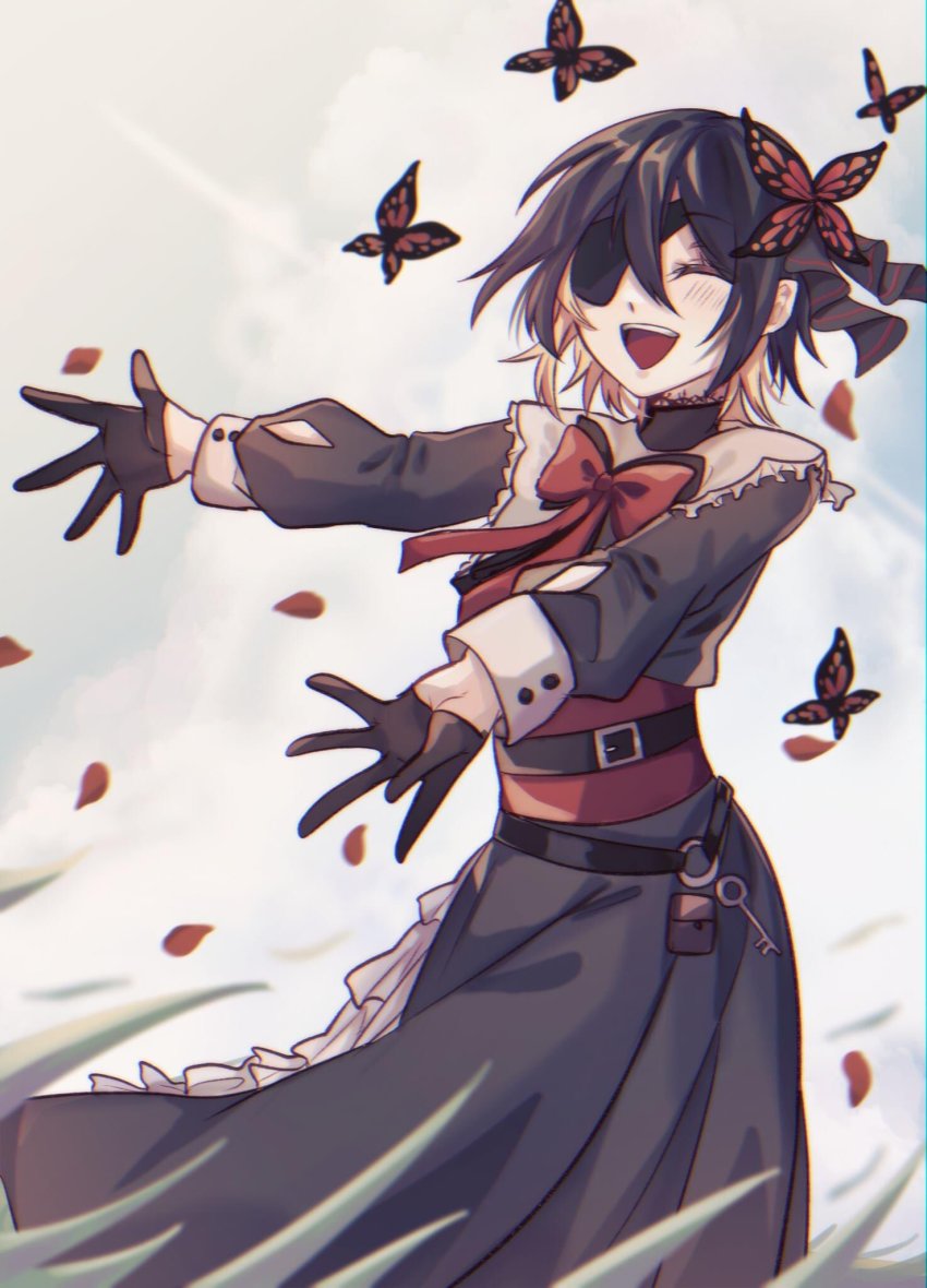 1girl, 3di_project, amel3di, black_hair, blonde_hair, bug, butterfly, butterfly_hair_ornament