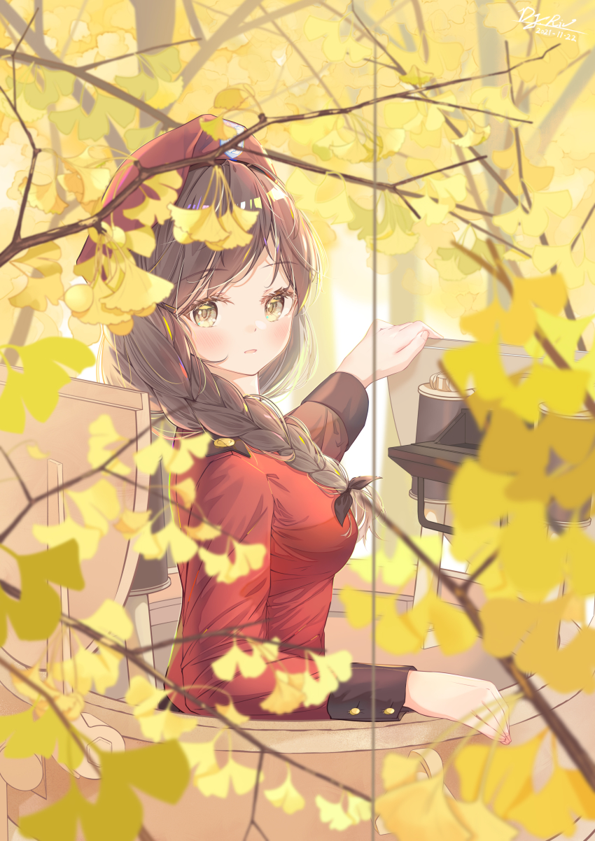 1girl, absurdres, artist_name, autumn, beret, black_hat, black_ribbon, blurry