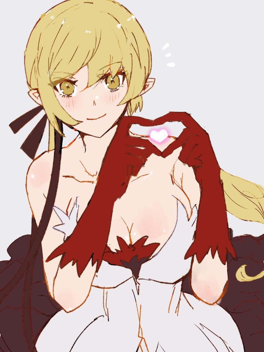bakemonogatari, bare_shoulders, black_ribbon, black_skirt, blonde_hair, blush, breasts, cleavage, collarbone, dress, gloves, hair_between_eyes, hair_ribbon, heart, heart_hands, highres, kiss-shot_acerola-orion_heart-under-blade, kiss-shot_acerola-orion_heart-under-blade_(young_adult), kizumonogatari, long_hair, monogatari_(series), oshino_shinobu, pointy_ears, ponytail, red_gloves, ribbon, skirt, smile, solo, strapless, strapless_dress, valhalla0707, vampire, white_dress, yellow_eyes
