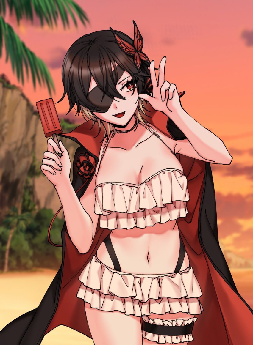 1girl, 3di_project, breasts, bug, butterfly, butterfly_hair_ornament, celene_(3di), eyepatch, food, frilled_swimsuit, frills, hair_ornament, highres, insect, looking_to_the_side, medium_breasts, multicolored_hair, navel, open_mouth, popsicle, red_eyes, rigu_(3di), short_hair, solo, swimsuit, two-tone_hair, virtual_youtuber