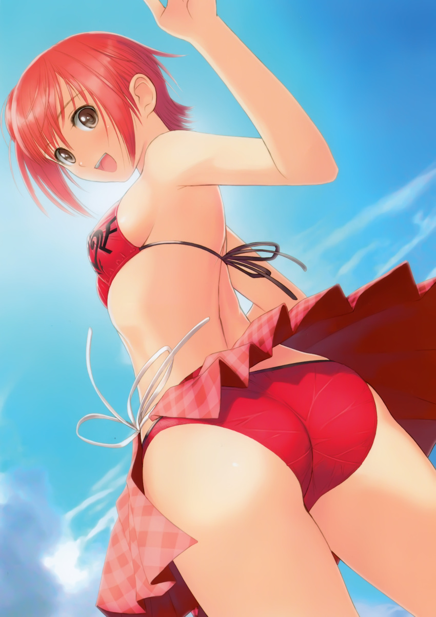 1girl, absurdres, ass, bikini, breasts, brown_eyes, cloud, day