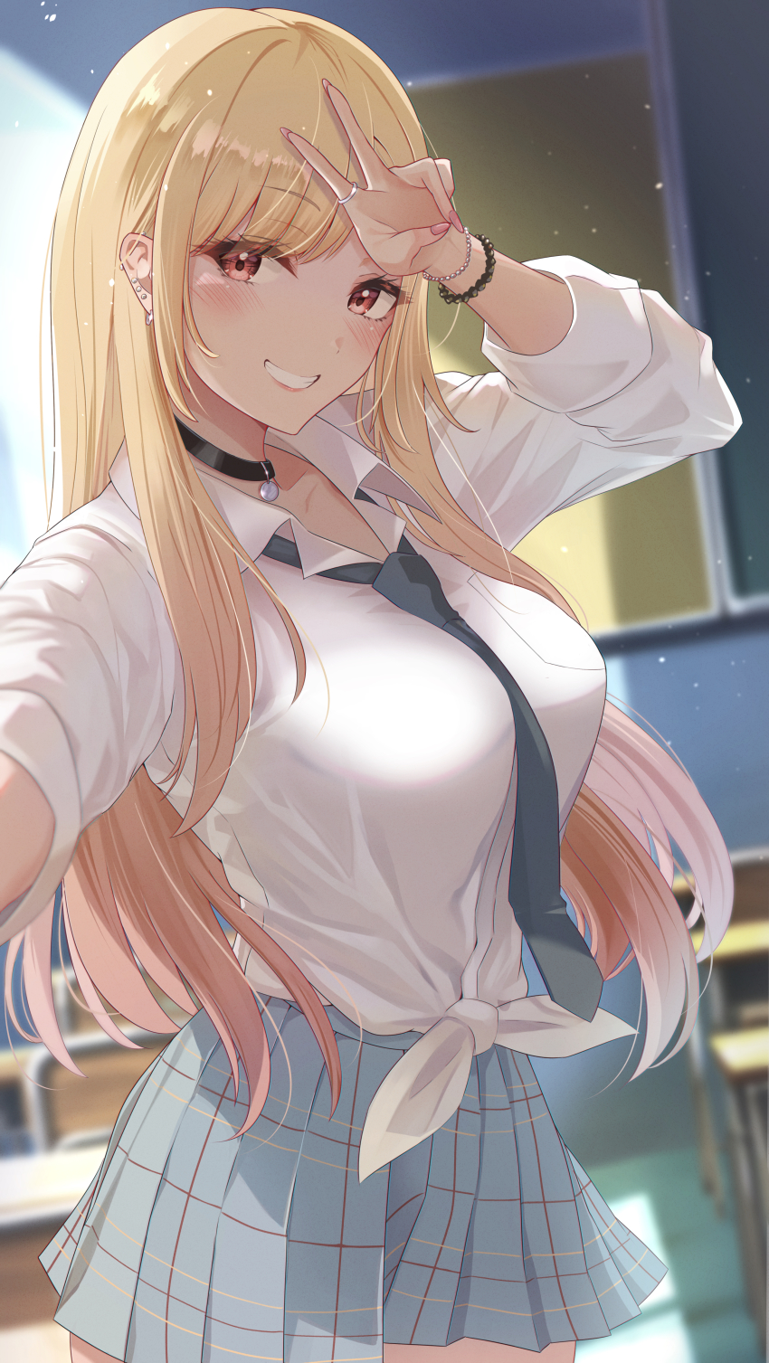 absurdres, barbell_piercing, bead_bracelet, beads, black_choker, blonde_hair, blue_necktie, blue_skirt