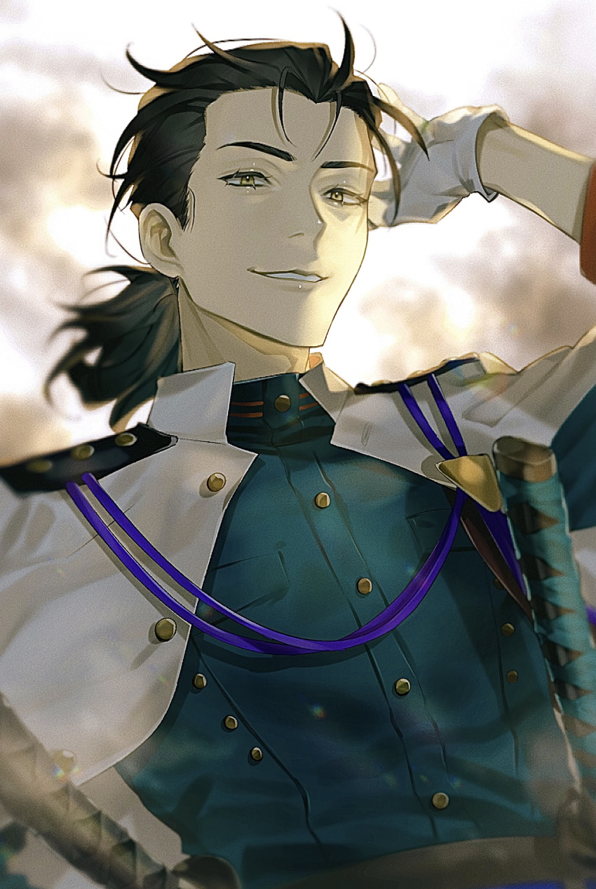 1boy, alternate_costume, alternate_hairstyle, bad_id, bad_pixiv_id, black_hair, blue_pants, blue_shirt